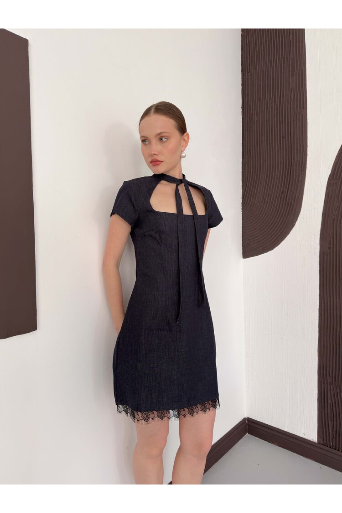 Dantel Detaylı Kot Elbise - Lacivert | D3041 Topshow